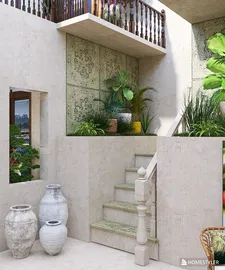 staircase with decorative wall panels and indoor plants creating a cohesive natural ambiance in a contemporary entryway, highlighting smart furniture arrangement feature in Homestyler.