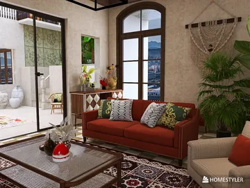cozy living room with a vibrant sofa arranging a warm atmosphere in a modern style showcasing interior decor ideas using Homestyler's real-time 3D rendering feature.