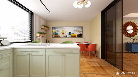 Modern kitchen with a spacious island and elegant lighting, showcasing an inviting dining area with colorful chairs, featuring interior design optimization using Homestyler's real-time 3D rendering functionality.