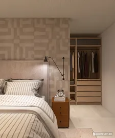 bedroom interior design featuring a cozy bed with striped bedding, showcasing a modern minimalist style and optimized space with smart furniture arrangement using Homestyler's real-time 3D rendering feature.