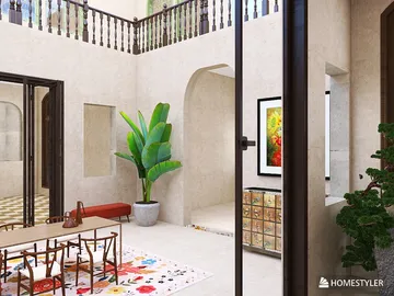 bright indoor courtyard with tropical plants and a dining table, showcasing a modern Mediterranean style, utilizing Homestyler's real-time 3D rendering feature for a quick design preview