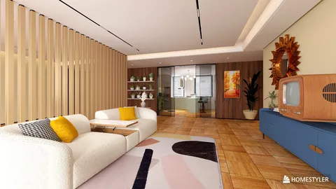 Cozy living room design featuring a plush sofa and vibrant decor, showcasing modern interior styling with Homestyler's real-time 3D rendering for a seamless design preview.