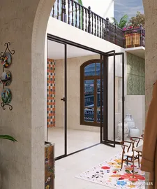 Stylish entrance area featuring a modern metal door design, incorporating a cozy seating arrangement and vibrant rug, showcasing a warm and inviting atmosphere with Homestyler's real-time 3D rendering.