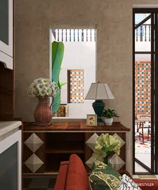 A wooden console table displaying a vase of flowers and a lamp, enhancing the warm, rustic style of a modern entryway, illustrating interior design with Homestyler's real-time 3D rendering feature.