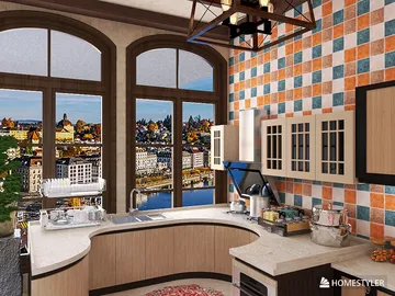 modern kitchen design featuring an open layout and vibrant tile accent wall with large windows providing a scenic view, showcasing Homestyler's real-time 3D rendering feature.