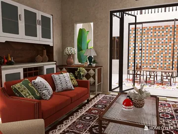 cozy living room with vibrant textiles and modern furniture arranged in a harmonious layout, featuring Homestyler's real-time 3D rendering for immersive interior design visualization