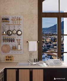 modern kitchen decor featuring an organized wall-mounted utensil rack and scenic mountain view, showcasing space efficiency with Homestyler's real-time 3D rendering feature.