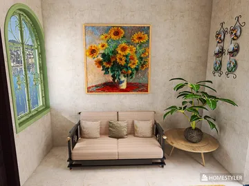 cozy seating area featuring a floral painting and indoor plants in a modern style, showcasing Homestyler's real-time 3D rendering capabilities.