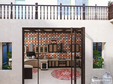 kitchen design featuring an outdoor view with a modern layout and traditional design elements, enhancing the dining experience in a cozy open-air space; includes real-time 3D rendering feature of Homestyler.