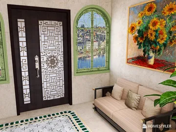 entrance hall with comfortable seating and vibrant floral artwork, featuring a modern door design, showcasing interior decoration ideas for cozy spaces, enhanced by Homestyler's real-time 3D rendering.