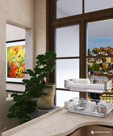 Interior design featuring a modern countertop with decorative items, highlighting a contemporary space with natural light; ideal for living area optimization with Homestyler's real-time 3D rendering feature.