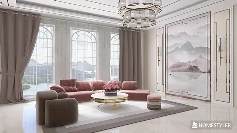 modern living room design featuring a plush sofa arrangement and elegant decor with soft color palette, showcasing Homestyler's real-time 3D rendering capabilities for interior design visualization.