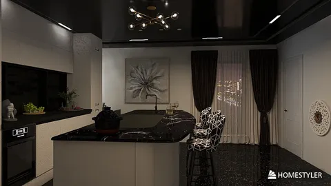 modern kitchen design featuring a sleek black countertop with bar seating, designed with Homestyler's real-time 3D rendering for an elegant space value.