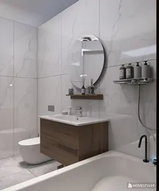 modern bathroom featuring sleek furniture arrangement with a minimalist style, showcasing a stylish vanity and elegant mirror, utilizing Homestyler's real-time 3D rendering to visualize the interior design.