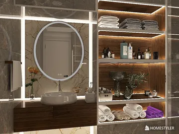 modern bathroom vanity with circular mirror and open shelving organizing towels and toiletries in elegant design, featuring interior decor with a focus on storage solutions, utilizing Homestyler's real-time 3D rendering for visualization.