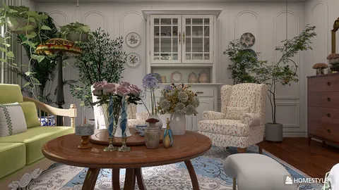 cozy living room with floral arrangements and vintage furniture, creating a warm ambiance, featuring Homestyler's real-time 3D rendering for interior design visualization.