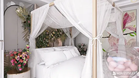 canopy bed adorned with sheer drapes creating a romantic ambiance in a floral-themed bedroom design, showcasing the realistic 3D rendering feature of Homestyler.