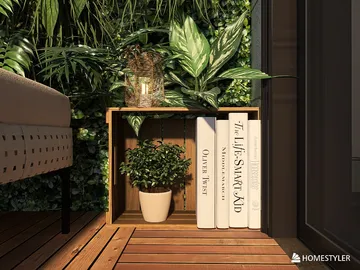 wooden storage box with plants and books arranged in a cozy outdoor space design showcasing green decor elements for enhancing outdoor living areas using Homestyler's real-time 3D rendering feature.