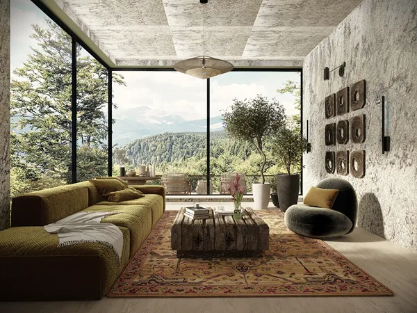 modern living room showcasing cozy furniture arrangement with a natural earthy vibe and panoramic views, highlighting interior decor with sustainability in mind, using Homestyler's real-time 3D rendering feature.