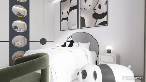 A cozy bedroom featuring panda-themed decor and plush toys, designed for children's comfort and playfulness with a modern aesthetic, utilizing Homestyler's 3D rendering for realistic visualization.