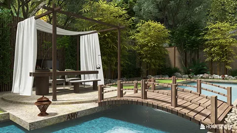 outdoor seating area with wooden gazebo and bridge surrounded by greenery, designed using Homestyler for a tranquil backyard oasis