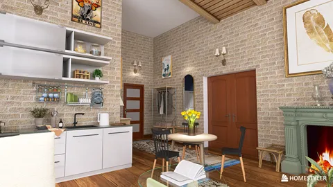 Cozy kitchen area with modern furniture arrangement in rustic style, showcasing a warm living space designed using Homestyler's real-time 3D rendering feature.