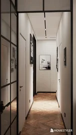 Elegant hallway design featuring framed artwork and modern finishes, showcasing an interior decor style aimed at enhancing narrow spaces with Homestyler's real-time 3D rendering feature.