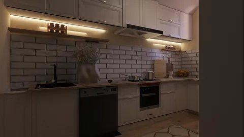 kitchen design featuring modern cabinetry and ambient lighting with a cozy atmosphere, showcasing an interior decor style that emphasizes sleek lines and functional space; utilizing Homestyler's real-time 3D rendering feature for design previews.