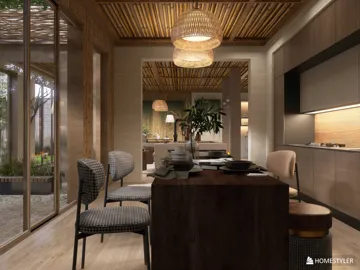 Modern kitchen design featuring a cozy dining area with stylish furniture, enhancing space optimization and utilizing Homestyler's real-time 3D rendering for effective decoration previews.