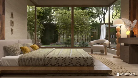 Modern bed design featuring a spacious layout, enhancing the tranquil atmosphere of the bedroom with natural light and greenery, showcasing Homestyler's real-time 3D rendering feature.