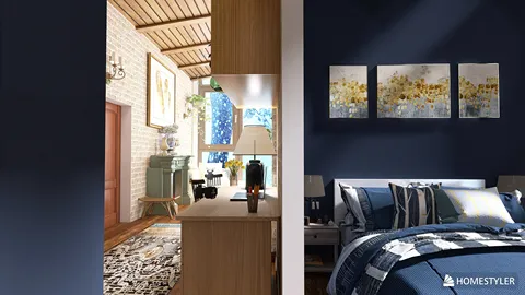 cozy living area featuring open space design with wooden accents and modern artwork, showcasing interior decor aesthetics for comfortable home ambiance, utilizing Homestyler's real-time 3D rendering feature.