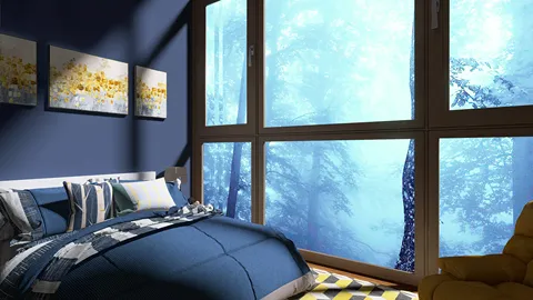cozy bedroom showcasing a blue color scheme with a modern design style and panoramic windows creating an immersive outdoor view, featuring Homestyler's real-time 3D rendering function.