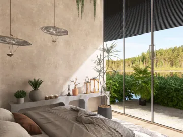 Cozy bedroom with stylish decor and large windows showcasing a natural view, designed with Homestyler for a contemporary interior design look.