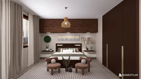 cozy bedroom interior featuring a wooden bed and stylish furniture arrangement in a modern rustic style, showcasing the intelligent furniture layout feature from Homestyler.