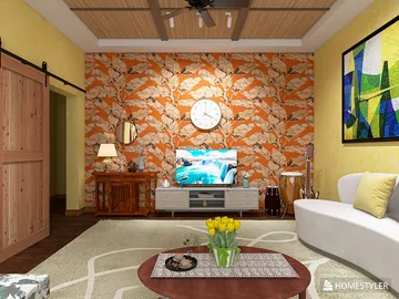 living room with vibrant floral wallpaper featuring a TV setup and furniture arrangement providing a cozy and inviting atmosphere designed with Homestyler's real-time 3D rendering feature.