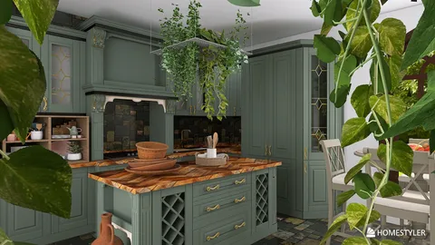 green kitchen design featuring a modern layout with a large wooden island and hanging plants, showcasing interior decor optimized for natural light using Homestyler's real-time 3D rendering feature.