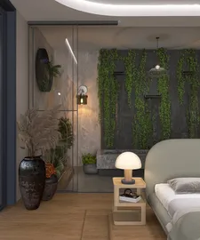 A cozy bedroom featuring a modern design with a green plant wall and contemporary decor, showcasing the advantages of interior design using Homestyler's real-time 3D rendering feature for a quick preview.