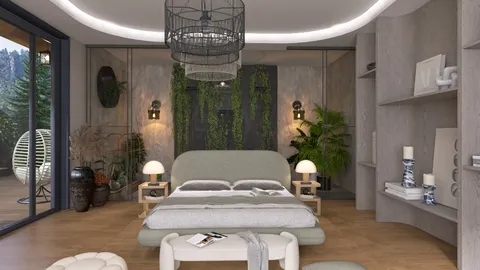 modern bedroom design featuring a cozy bed layout with greenery accents and stylish decor, enhancing the aesthetic appeal of the interior; utilizing Homestyler's real-time 3D rendering feature for effective design visualization.