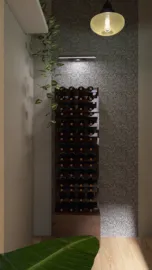 wine storage rack displaying organized bottles in a modern hallway design with stylish wallpaper and ambient lighting, featuring interior decor elements utilizing Homestyler's real-time 3D rendering feature.