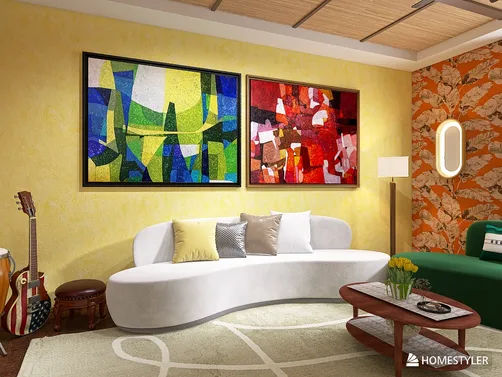 modern living room with abstract wall art featuring a stylish white sofa and a wooden coffee table, showcasing interior design optimization with Homestyler's real-time 3D rendering feature.