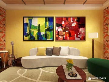 modern sofa arrangement showcasing vibrant artwork in a colorful living room style, featuring interior decor with Homestyler's real-time 3D rendering functionality