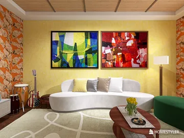 modern living room with abstract wall art and a sectional sofa featuring vibrant colors and textures using Homestyler's 3D rendering for interior design visualization