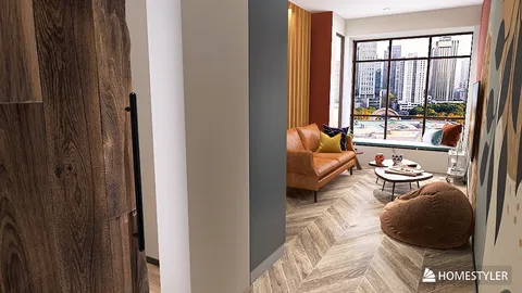 modern living room design featuring a cozy sofa and a stylish coffee table with a city view, optimized for small space interior decor using Homestyler's real-time 3D rendering feature