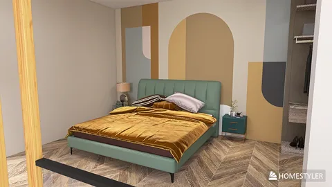 Modern bedroom design featuring a green upholstered bed with warm bedding, geometric wall art in a soft color palette, showcasing an inviting and cozy atmosphere using Homestyler's real-time 3D rendering feature.