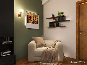 Cozy armchair with a throw blanket against a green and white wall, featuring wall-mounted shelves displaying decor, showcasing modern interior design with Homestyler's real-time 3D rendering capabilities.