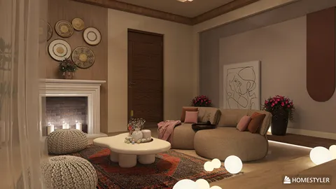 cozy living room with modern furniture arrangement and warm color palette featuring a fireplace and decorative wall art, showcasing Homestyler's real-time 3D rendering for interior design visualization.