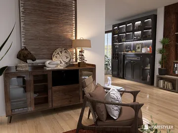 modern wooden cabinet displaying creative decor items in a cozy living room, utilizing Homestyler's real-time 3D rendering feature