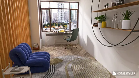 cozy living area featuring a blue sofa and stylish bookshelf, showcasing a modern design aesthetic and maximizing natural light, utilizing Homestyler's real-time 3D rendering functionality.