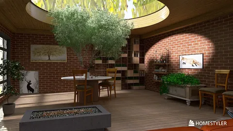 Indoor greenery with a dining table and shelves, creating a cozy atmosphere in a modern rustic style, showcasing Homestyler's real-time 3D rendering feature.