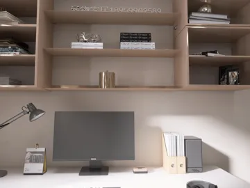 modern home office setup with sleek desk and organized shelves featuring books and decor using real-time 3D rendering for interior design visualization